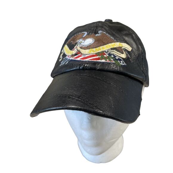 Black Leather Hat Embroidered Eagle God Bless America Patriotic Biker Cap Moto - Picture 1 of 9